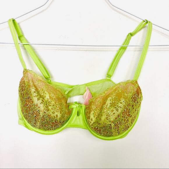 NEW VS VICTORIAS SECRET Lime Green Beige Tan Lace Bow Crystal Balconet Bra 34C - Picture 1 of 10
